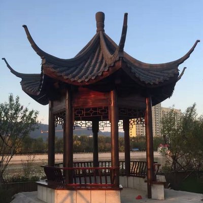 原木色金麥黃古建四角涼亭進口木材 菠蘿格硬木景觀木亭子湘潭安裝